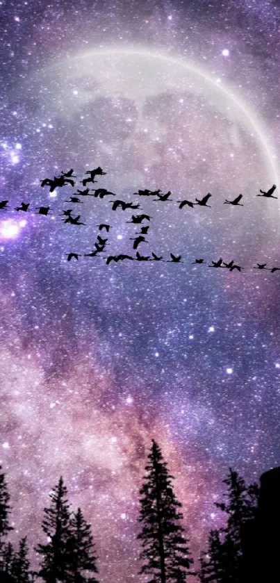 A stunning night sky with a full moon and birds in a purple galaxy backdrop.