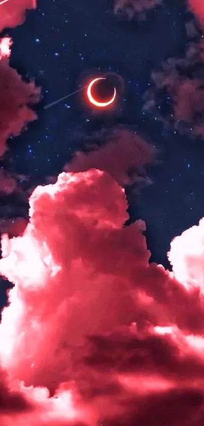 Pink clouds with crescent moon in night sky wallpaper.