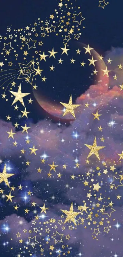 Celestial night sky wallpaper with moon, stars, and clouds.