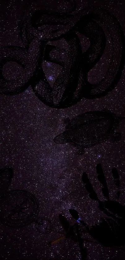 Dark purple night sky wallpaper with celestial and mystical symbols.