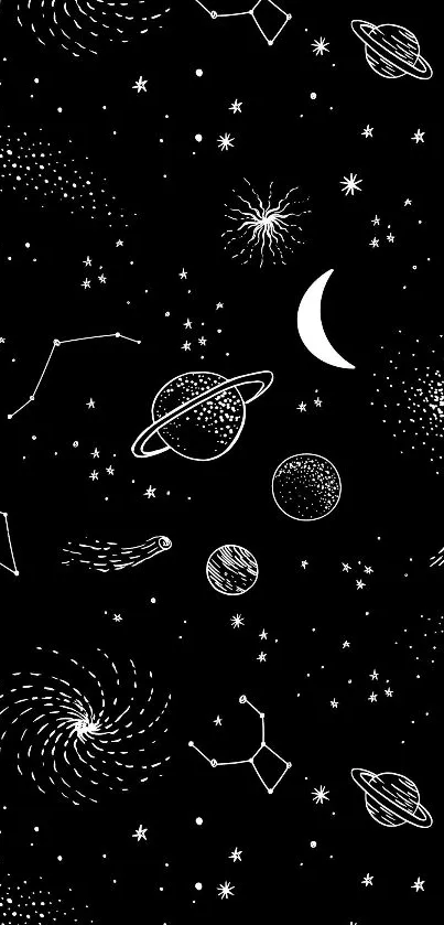 Celestial theme with planets, stars, and moon on a black background.