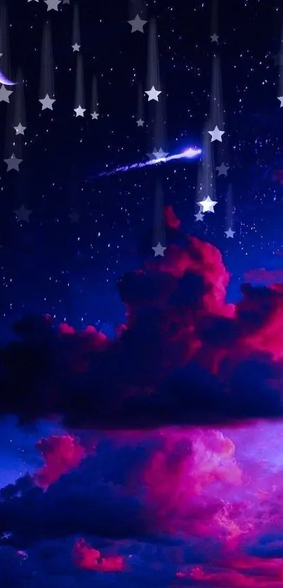 Celestial night sky with purple clouds and stars.