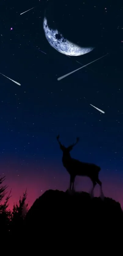 Silhouette of a deer under a crescent moon with shooting stars in a dark blue night sky.