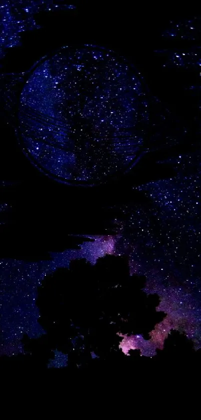 Dark blue night sky with stars and a celestial planet silhouette.