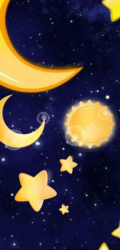 Night sky wallpaper with stars and golden crescents.