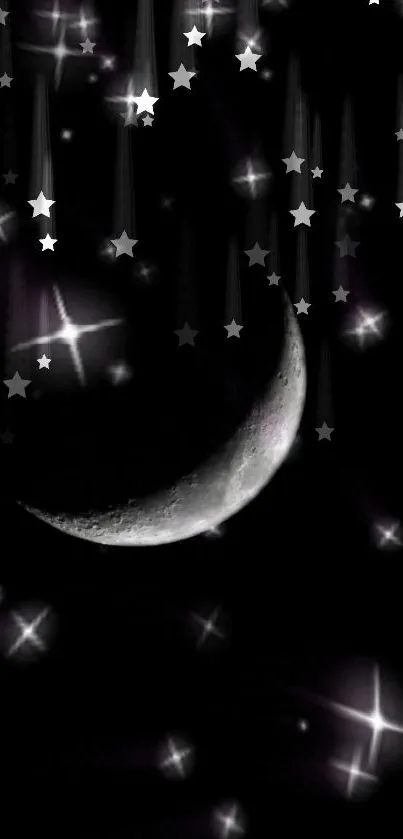 Crescent moon and stars in a dark celestial night sky wallpaper.