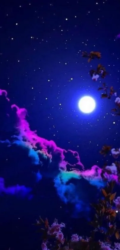 Night sky wallpaper with moon, stars, and colorful clouds.