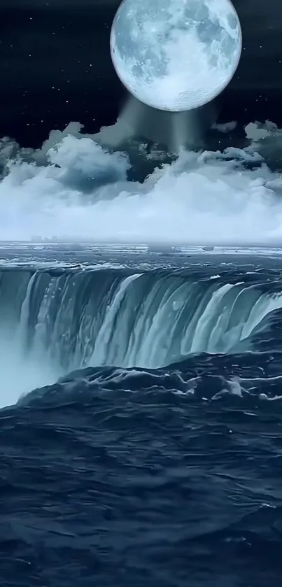 Celestial ocean waterfall under a moonlit night sky.