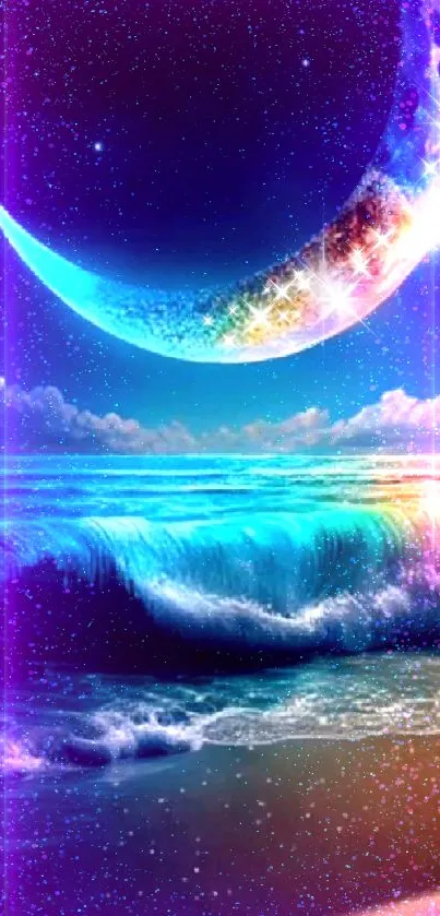 Celestial over ocean with colorful waves and crescent moon.