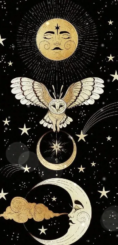 Celestial wallpaper with an owl, stars, sun, and moon on a dark background.