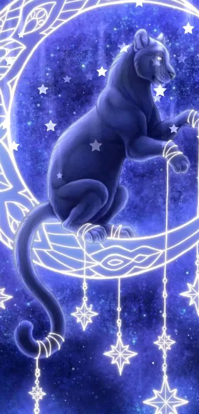 Celestial panther on a crescent moon with starry decorations in blue tones.