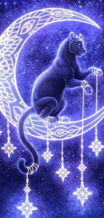 Panther on crescent moon with stars in a cosmic night sky wallpaper.