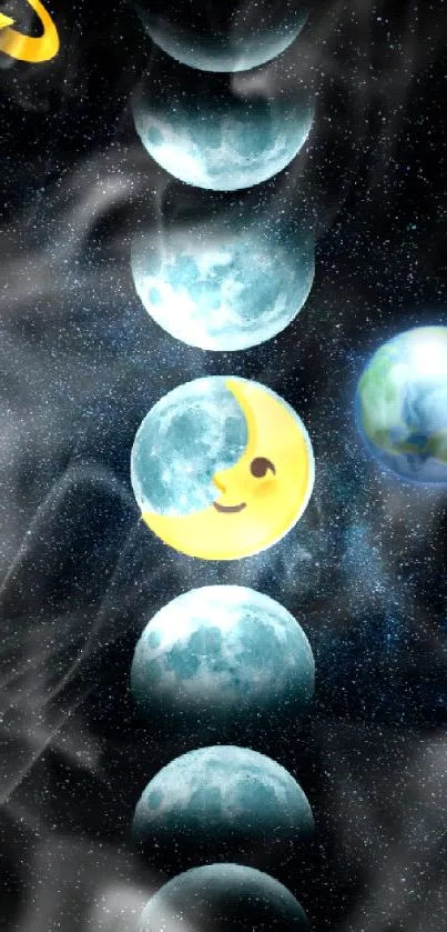 Wallpaper with moon phases, crescent emoji, and Earth against a starry sky.