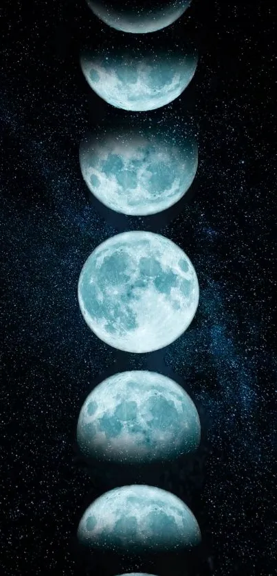 Mobile wallpaper with lunar phases against a starry dark blue background.