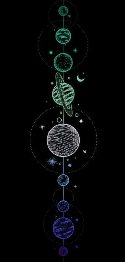 Artistic mobile wallpaper with planets and cosmic design on black background.