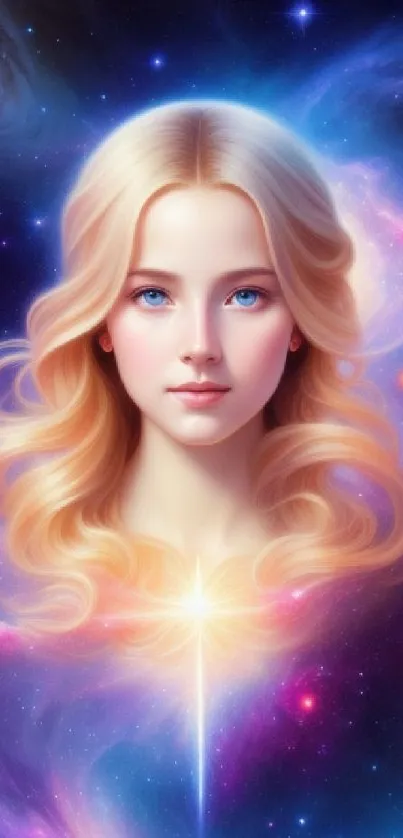 Ethereal portrait of a girl against a vivid galaxy backdrop.