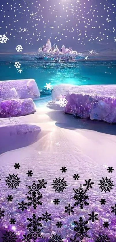 Purple ice beach with snowflakes under a starry sky.