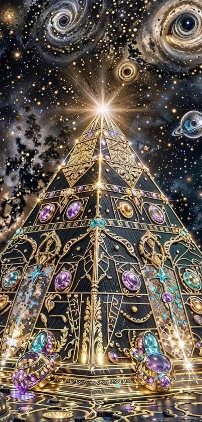 Intricate celestial pyramid with cosmic background and jewels.