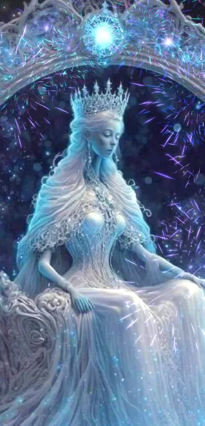 Fantasy artwork of a celestial queen on a throne in blue hues.