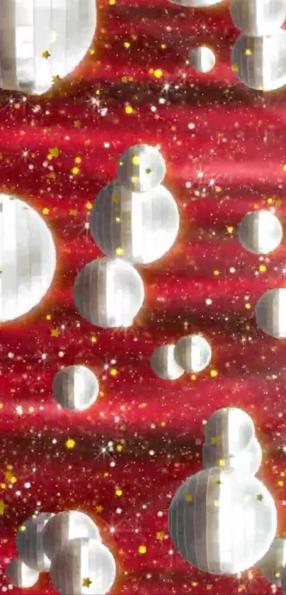 Silver spheres in starry red space wallpaper.