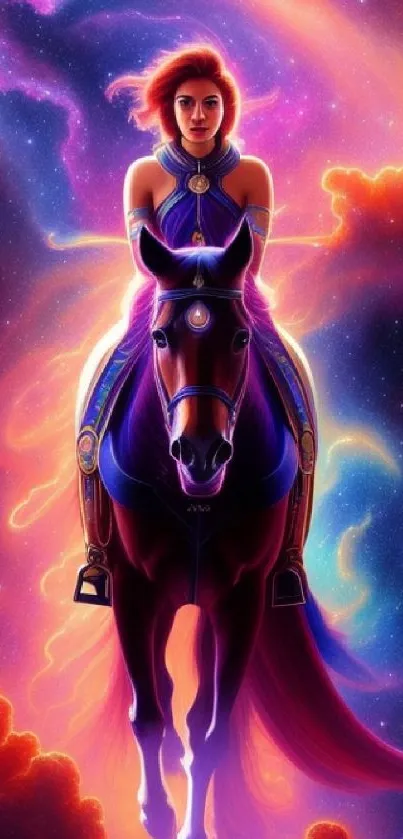 A mystical rider on a horse in a cosmic galaxy scene with vivid purple hues.