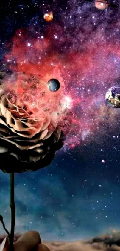 Surreal galaxy wallpaper featuring a rose and planets.