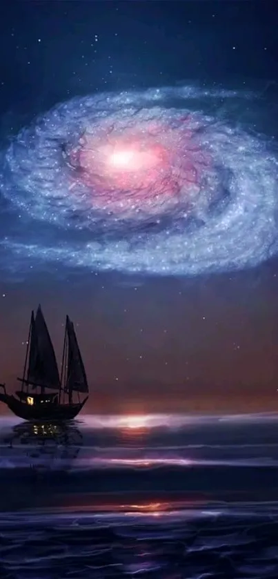 Mystical ship under a luminous spiral galaxy night sky on mobile wallpaper.