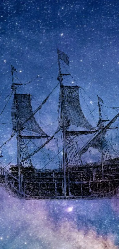 Intricate sailing ship against a galaxy-filled night sky wallpaper.