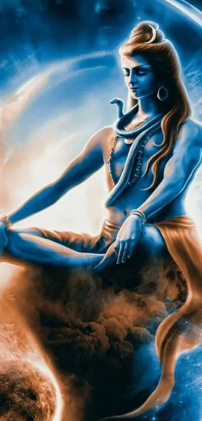 Divine Shiva in cosmic blue with celestial elements.