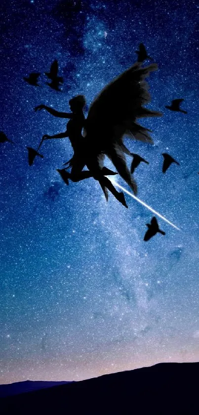 Silhouette of a winged figure against a starry night sky wallpaper.