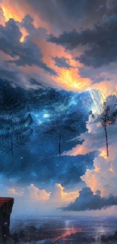 Surreal fantasy landscape with vibrant celestial sky and clouds.