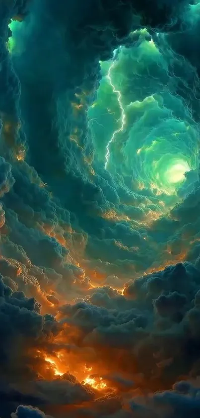 Vibrant celestial sky vortex with colorful clouds and lightning.