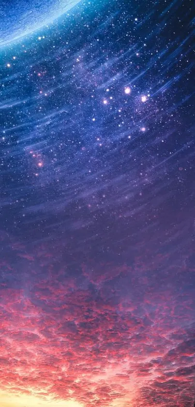 Vibrant cosmic sky with silhouette under swirling stars.