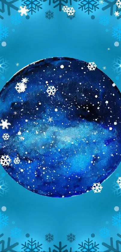 Vibrant galaxy with snowflake border on blue background.