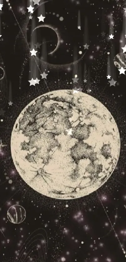 Artistic depiction of celestial bodies in space with planets and stars in black tones.