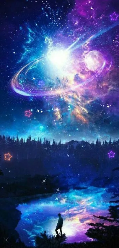 Fantasy space wallpaper with celestial lights and cosmic scenery.