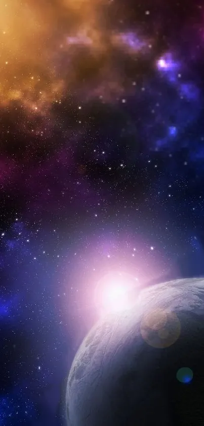 A celestial space wallpaper with planets and nebulae against a dark night sky.