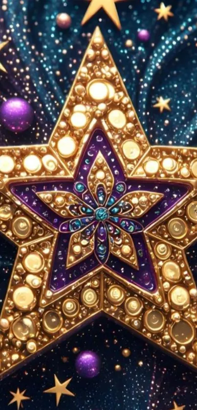 Celestial star fantasy wallpaper with gold and purple accents on a galaxy background.