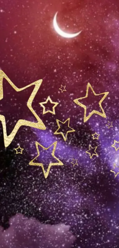 Celestial wallpaper with golden stars and a crescent moon on a purple cosmic background.