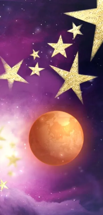 Purple sky with golden stars and a glowing moon wallpaper.