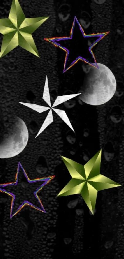 Artistic stars and moon design on a textured black background for mobile wallpaper.