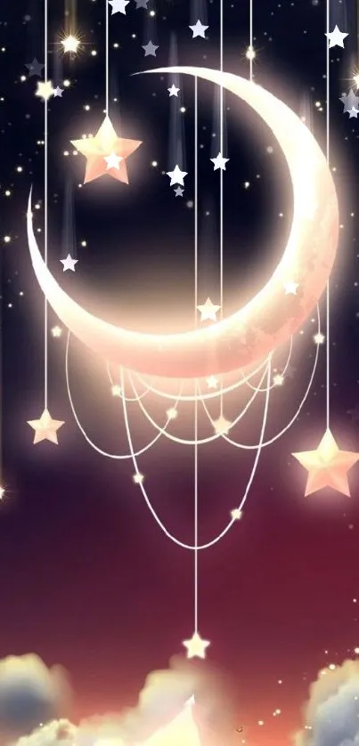 Dreamy celestial wallpaper with stars and crescent moon.