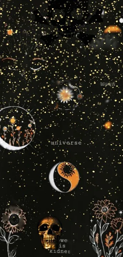 Mobile wallpaper with celestial stars, moons, and floral design on a black background.