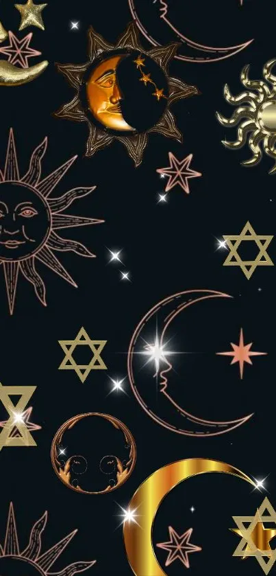 Celestial wallpaper featuring sun, moon, and stars on a dark background.