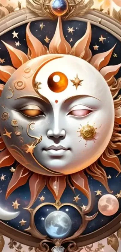 Celestial-themed wallpaper depicting the sun and moon.