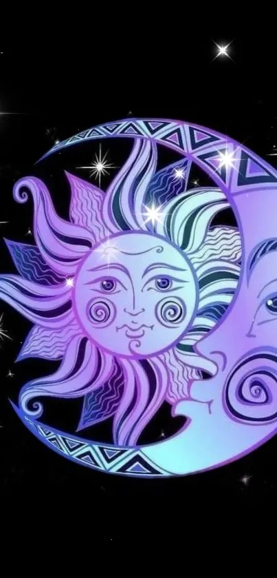 Purple celestial sun and moon art on a black background.