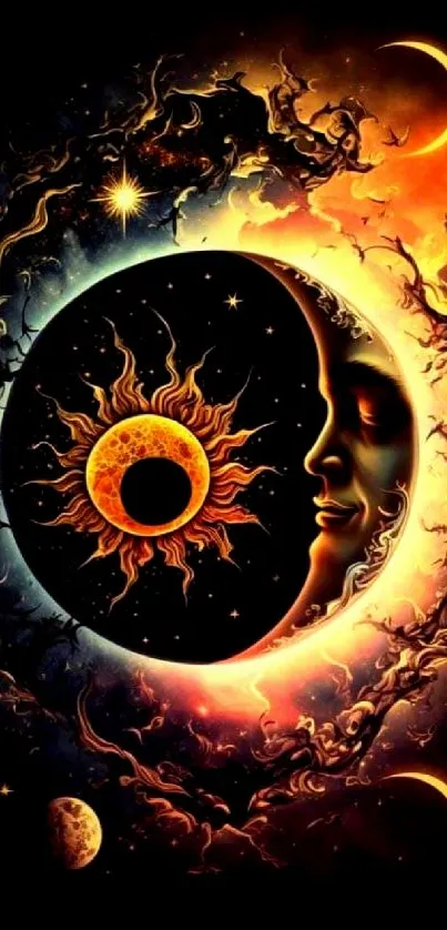 Artistic sun and moon wallpaper with celestial theme and vivid fiery hues.