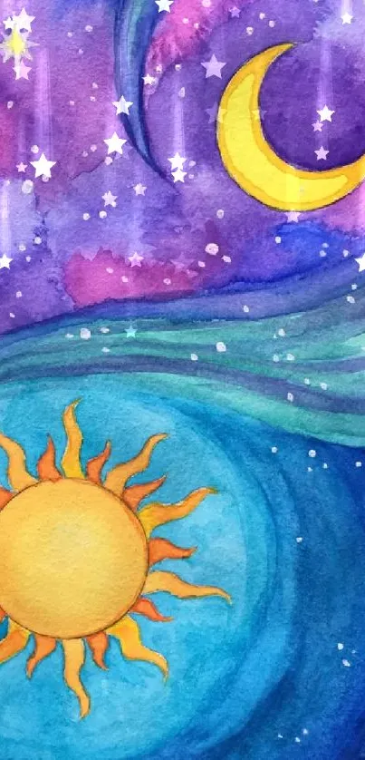 Colorful wallpaper featuring sun and moon with a cosmic design.