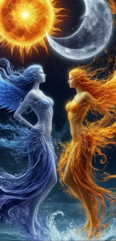 Celestial sun and moon figures in mystical art design