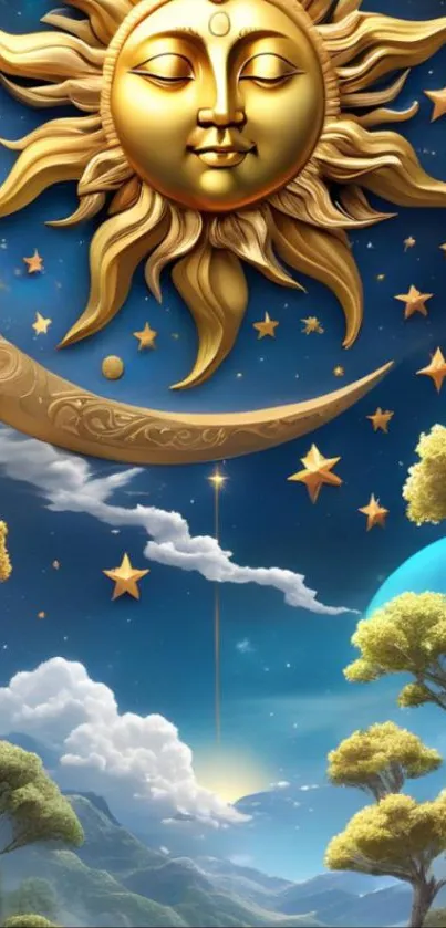 Mobile wallpaper featuring a golden sun and crescent moon with stars in a celestial sky.